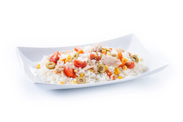 Rice salad with tomato, corn,olives and tuna isolated on white background