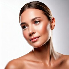 Fototapeta premium Beauty woman portrait with nude makeup. Fresh glowing clean hydrated skin. Skincare and beauty concept 