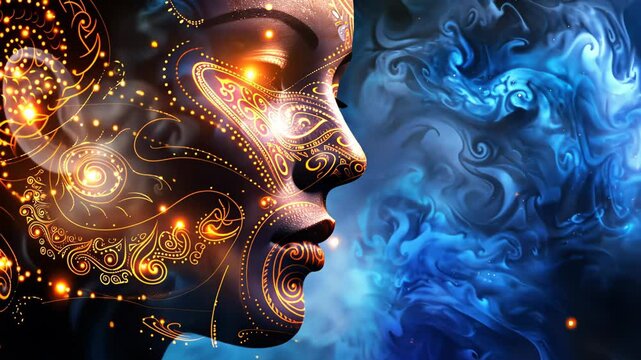 Artistic representation of a cosmic face blending with vibrant colors and patterns, Matariki New Year