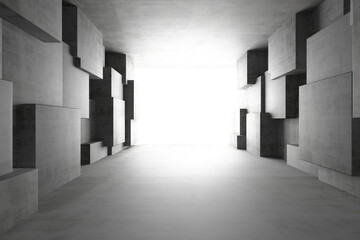 Modern minimalist concrete corridor with geometric walls for architectural design inspiration. 3d render