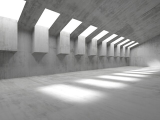 Modern minimalist concrete interior with geometric light play. 3d render