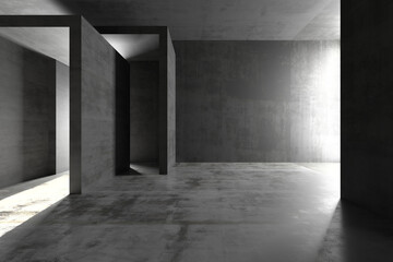 Modern minimalist concrete interior design with natural light. 3d render