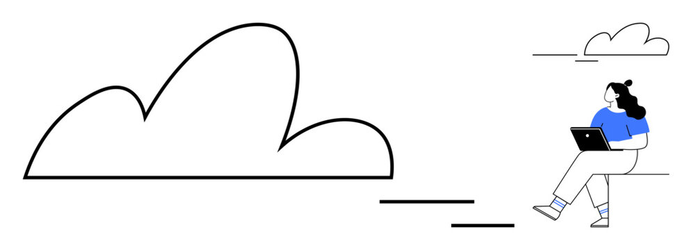 Remote worker sitting on a cloud using a laptop in a minimalist design. Ideal for themes of remote work, technology, cloud computing, digital nomad lifestyle, online education, career growth