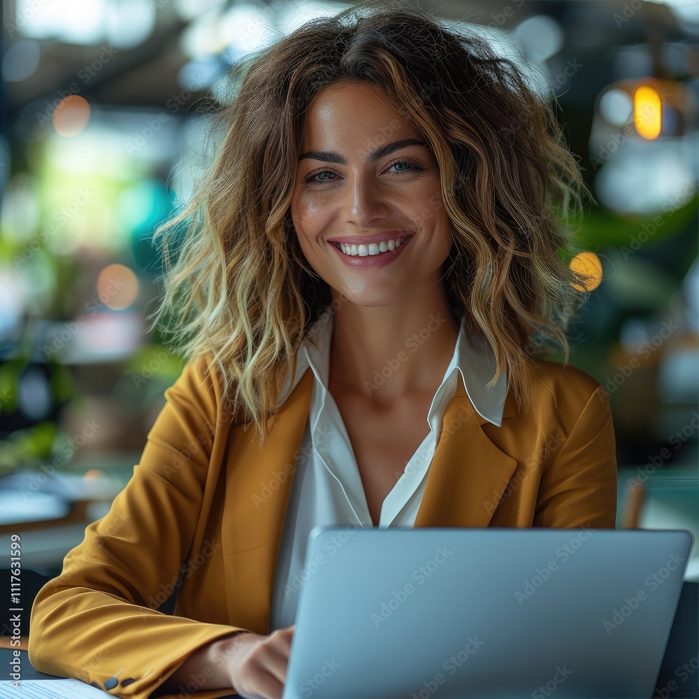 Aufkleber a confident business woman in modern office environment, smiling with satisfaction while reviewing a