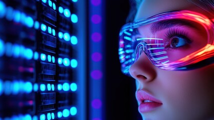 A captivating close-up of a young woman wearing vibrant, illuminated goggles, set against a backdrop of colorful LED lights.