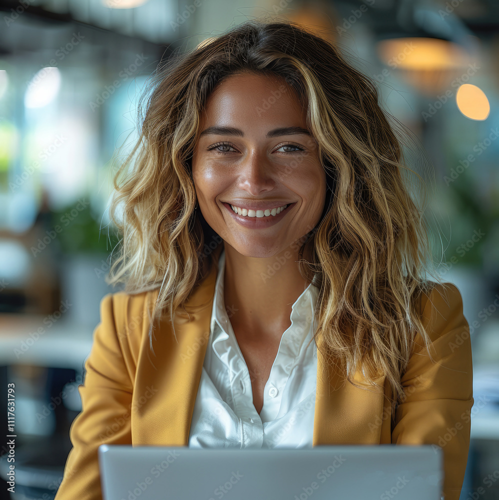 Aufkleber a confident business woman in modern office environment, smiling with satisfaction while reviewing a