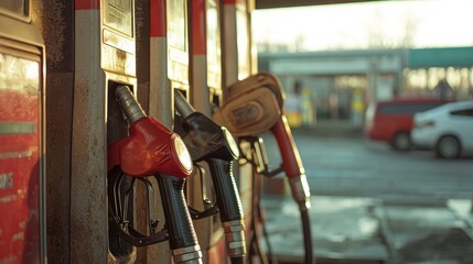Fuel pumps situated at a gas station during the beautiful golden hour of the day