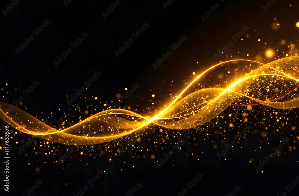 Poster A mesmerizing abstract background with swirling golden light trails and sparkling particles set against deep black, evoking elegance and luxury.
