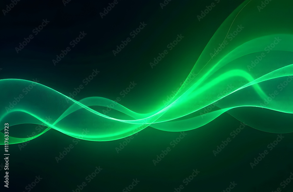 Poster smooth, flowing green light waves on a dark background create a futuristic, vibrant design filled wi
