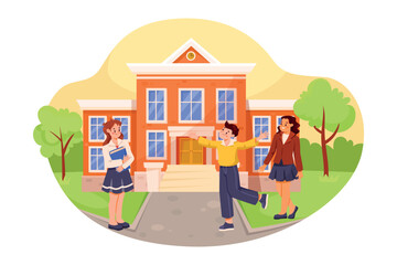 Smiling School Boy and Girl Character at First September Vector Illustration
