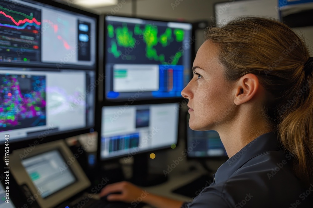 Fototapete female technician working on multiple computer screens displaying data and graphs in an energy contr