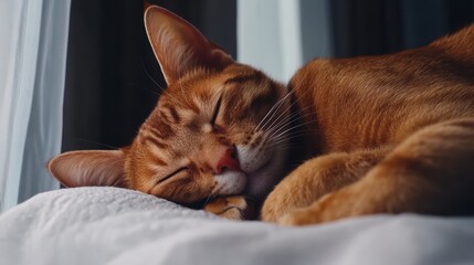 Obraz premium Sleepy orange tabby cat resting peacefully on a bed