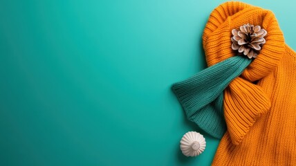 A cozy orange knit scarf with a teal accent and a pinecone embellishment, set against a vibrant teal background.