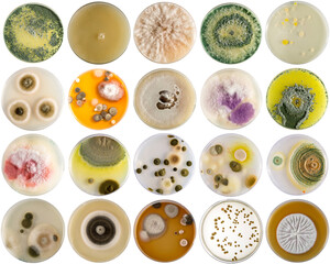 Petri dishes showing growing fungi and bacteria cultures for microbiology research