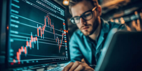 Traders a sleek modern office focused on a large display showing candlestick patterns with their laptops providing additional trading information and insights