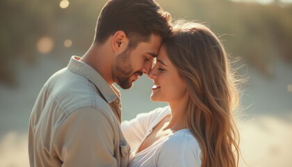 Naklejka premium A young couple stands close, foreheads touching, radiating warmth and affection against a softly blurred natural backdrop. Their smiles and gentle expressions capture a moment of pure connection