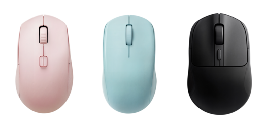 Computer mouse collection in different colours, pink, light blue and black, isolated on a white background