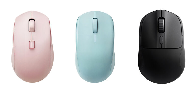 Computer mouse collection in different colours, pink, light blue and black, isolated on a white background
