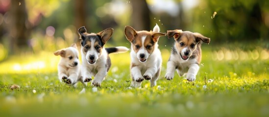 Four Puppies Running in a Field
