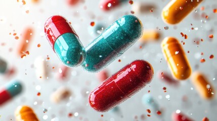 Colorful capsules drift artistically, capturing attention and creating visual intrigue