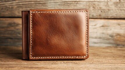 stylish leather wallet concept. Brown leather wallet on a rustic wooden surface.