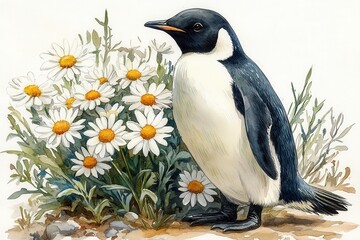 Naklejka premium A penguin stands beside blooming daisies in a serene natural setting.