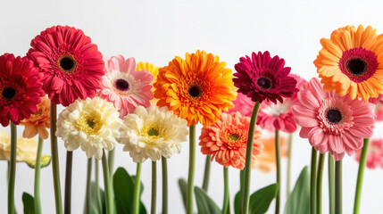 Colorful gerbera daisies in vibrant shades of red, pink, orange, and yellow against a plain background, showcasing their vivid beauty and intricate petal details.
