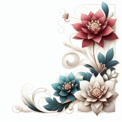 An intricate floral corner design featuring elegant, swirling leaves and delicate flowers, beautifully detailed in soft beige and earthy tones. AI generated.
