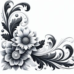 An intricate floral corner design featuring elegant, swirling leaves and delicate flowers, beautifully detailed in soft beige and earthy tones. AI generated.
