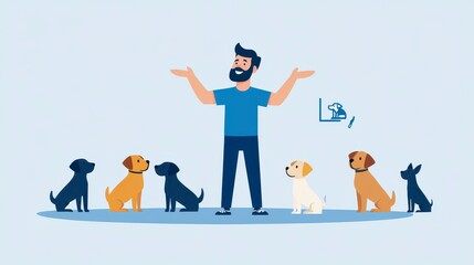 Fototapeta premium Man with dogs in a playful, cartoonish setting