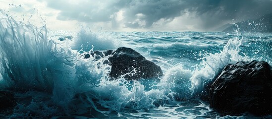 Waves Crashing on Rocks Under a Stormy Sky