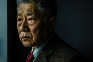 Obraz premium close up horizontal portrait image of an old asian businessman looking outside a window with a worried expression