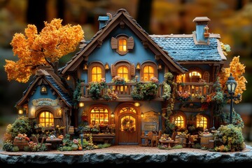 Fototapeta premium A charming, illuminated model house surrounded by autumn foliage and cozy decorations.
