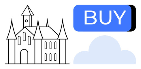 Gothic castle outline, bold blue and black BUY button, and light blue cloud. Ideal for e-commerce, real estate, online marketing, digital services, product promotions, app interfaces, cloud