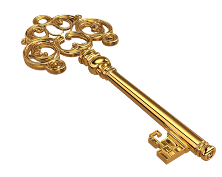 a gold key with a white background