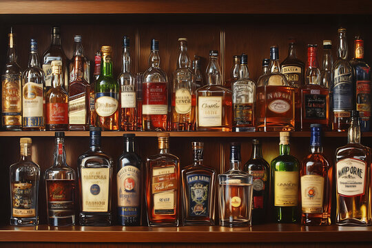 Numerous bottles of alcoholic beverages are neatly arranged on shelves, creating a colorful and diverse display in a bar setting - Powered by Adobe