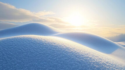 Ethereal Winter Morning: Golden Sunrise Illuminating Snow-Covered Hill