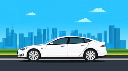 White electric car driving through a modern city landscape
