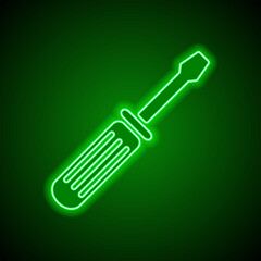 Screwdriver simple icon vector. Flat design. Green neon on black background with green light