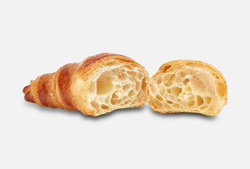 A golden, flaky croissant with a crispy crust and soft layers. This classic French pastry is captured with a clean, minimalistic background, highlighting its artisanal texture and mouthwatering appeal