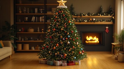 Majestic Christmas Tree with Sparkling Lights Colorful Ornaments and Cozy Fireplace in Inviting Living Room Decor