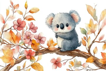 A cute koala sitting on a branch surrounded by colorful autumn leaves and flowers.