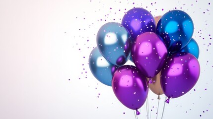 Festive blue and purple mylar balloons isolated on white or transparent PNG