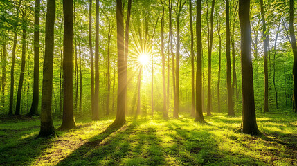 Obraz premium Sunlit Deciduous Forest at Dawn