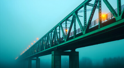A foggy scene featuring a green railway bridge with a train illuminated by soft lights, creating a mysterious and tranquil atmosphere.