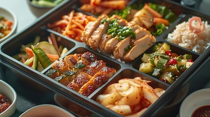A modern Korean bento box with compartments filled with brown rice, seasoned vegetables, grilled chicken, kimchi, and fresh fruits, presented on a clean and minimalist table setting.