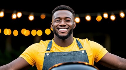 Smiling chef in yellow shirt with grill under string lights