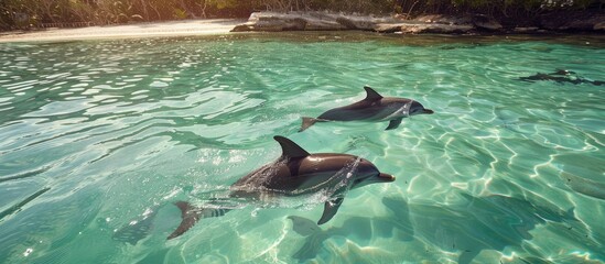 Obraz premium Two Dolphins Swimming in Clear Turquoise Water