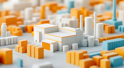 A colorful 3D model of an urban area featuring buildings and structures in various geometric shapes.