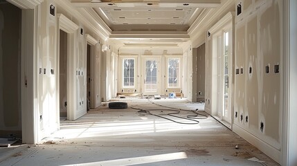 Mansion construction, interior, drywall stage, clean job site.